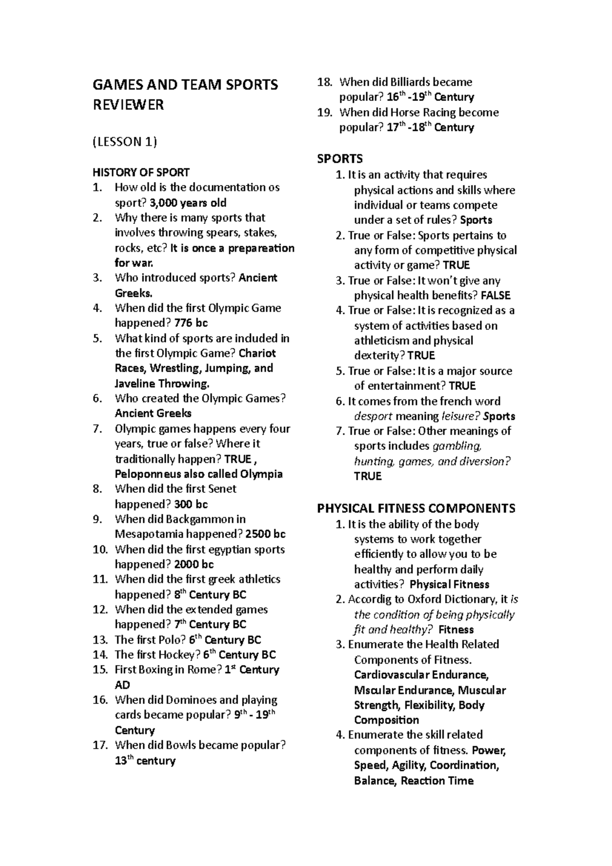 Games TEAM Sports Prelim Physical Fitness & Selftesting Activity
