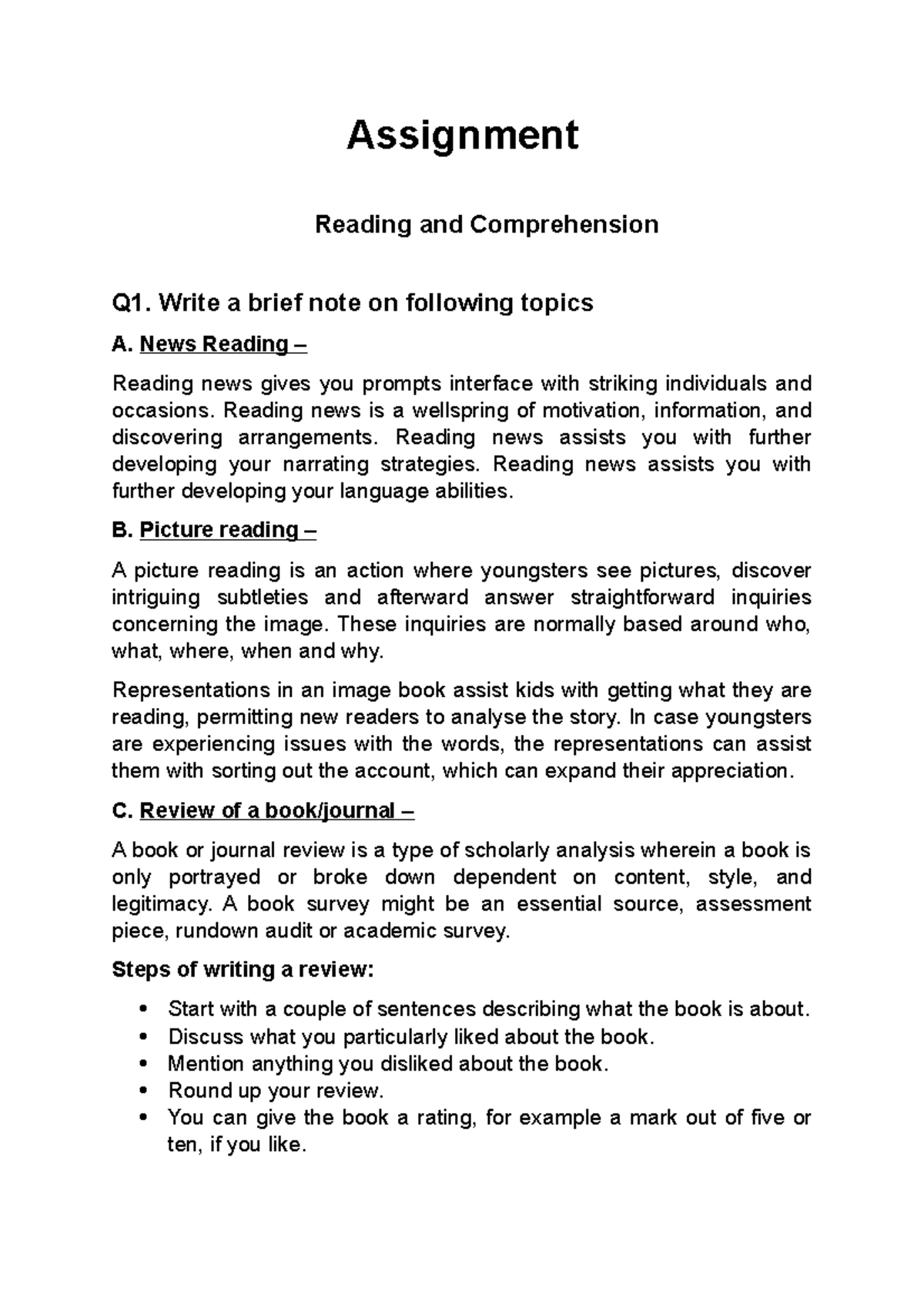 Assignment - questions included regarding reading and comprehension ...