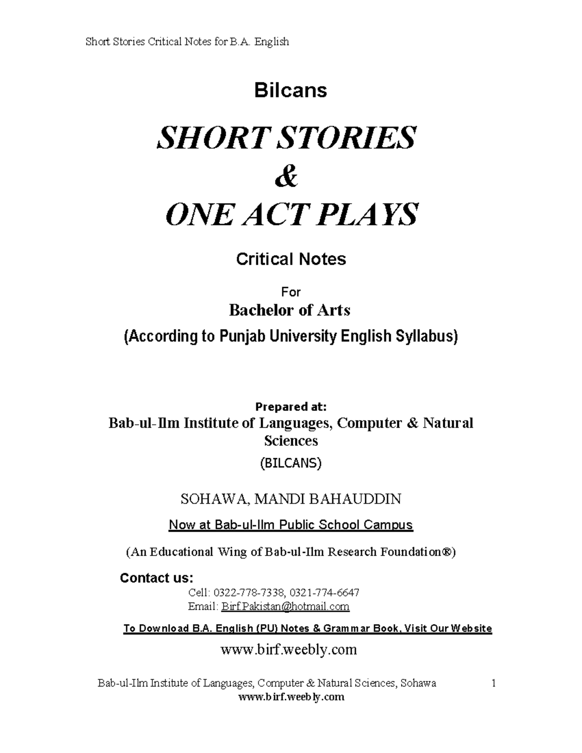 Short stories notes - yes , good - Bab-ul-Ilm Institute of Languages ...