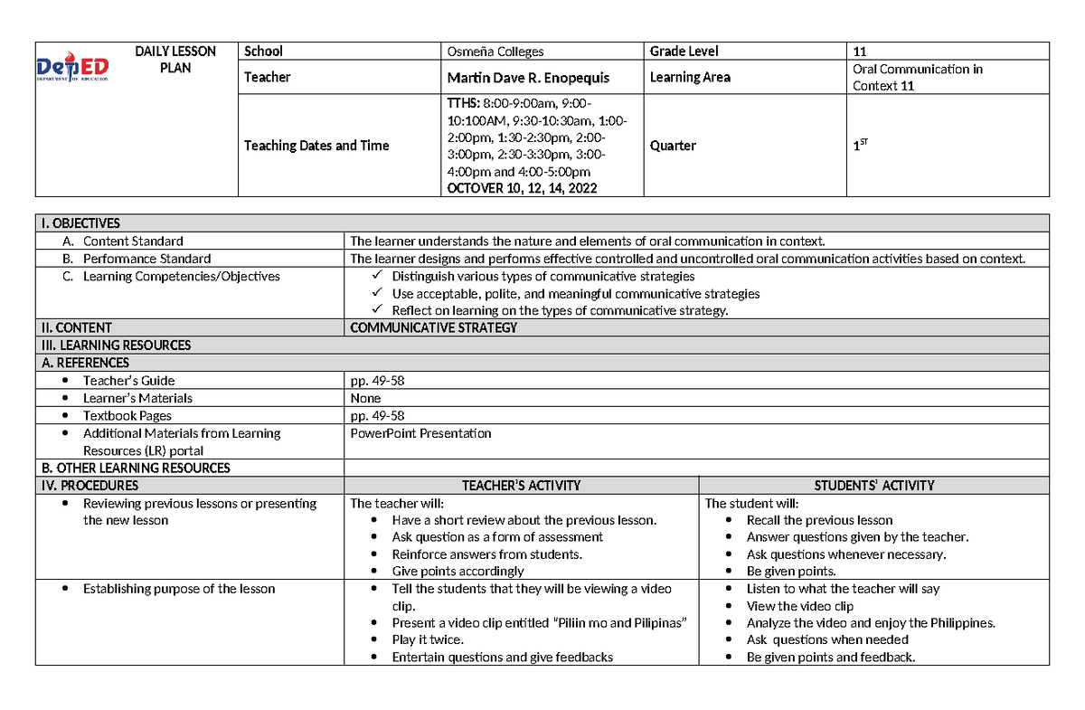 DLP - Communicative Strategy - DAILY LESSON PLAN School Osmeña Colleges ...