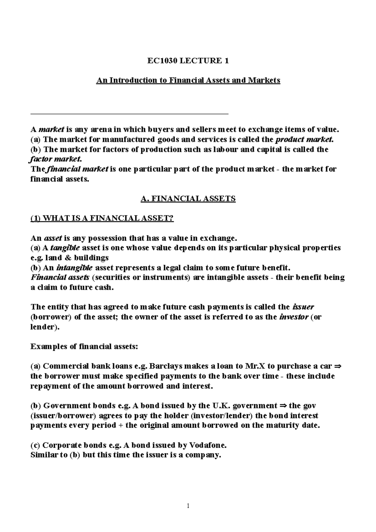 Lecture 1 - EC1030 LECTURE 1 An Introduction to Financial Assets and ...