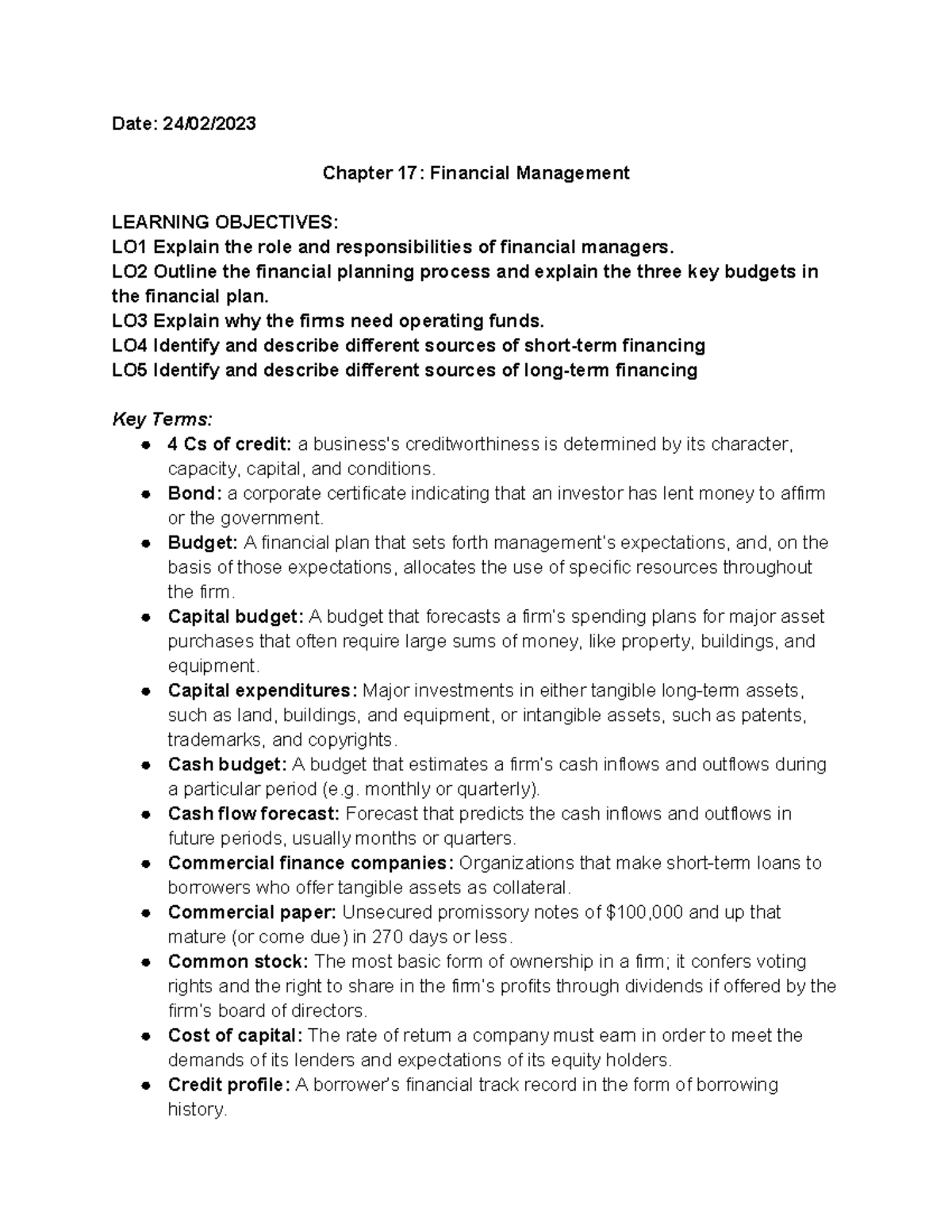 Chapter 17 - Finals notes - Date: 24/02/ Chapter 17: Financial ...
