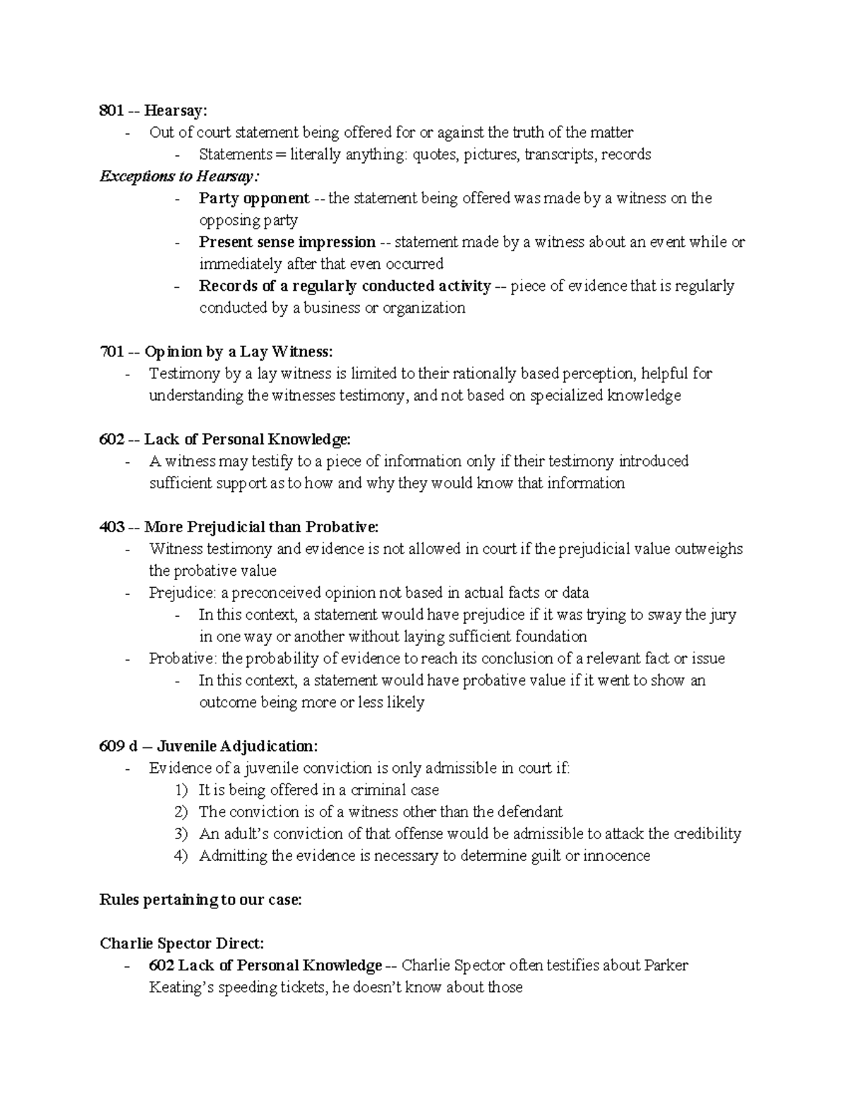 Federal rules cheat sheet - 801 - Hearsay: - Out of court statement ...