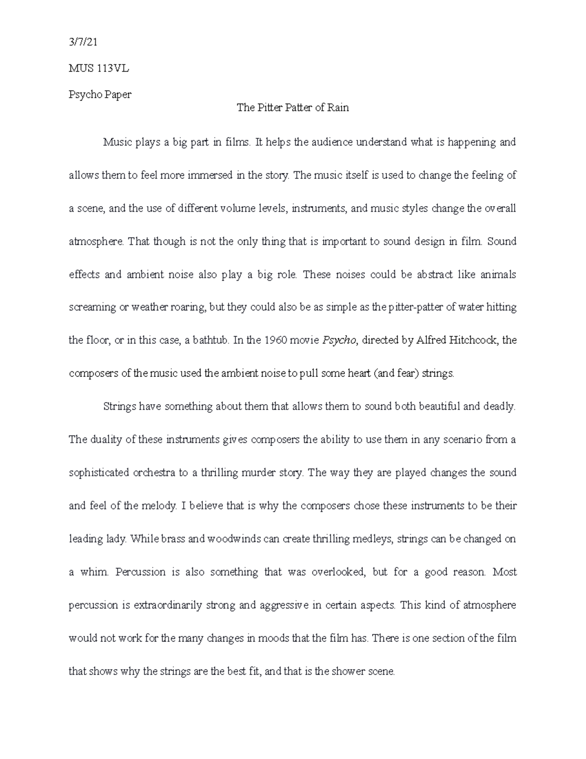 The Pitter Patter of Rain - Psycho Paper - 3/7/ MUS 113VL Psycho Paper ...