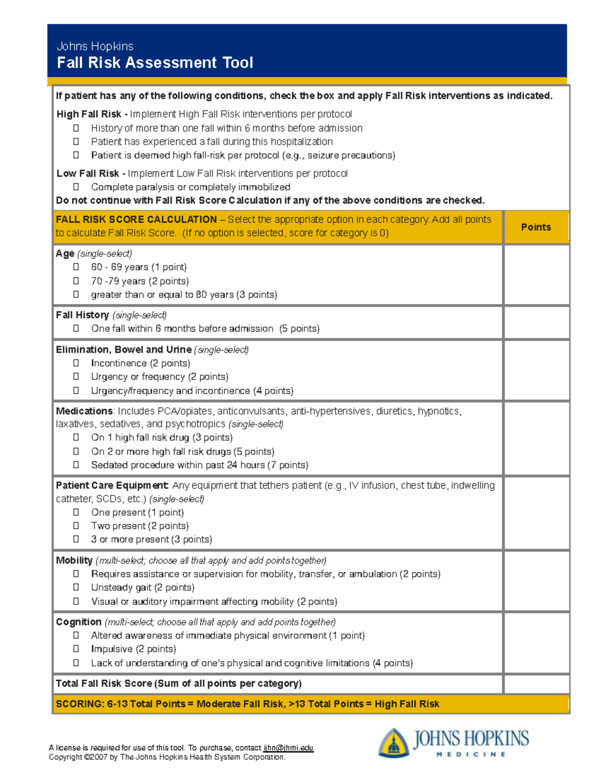 JH+Falls+Assessment+Tool Fall Risk Assessment Tool A license is