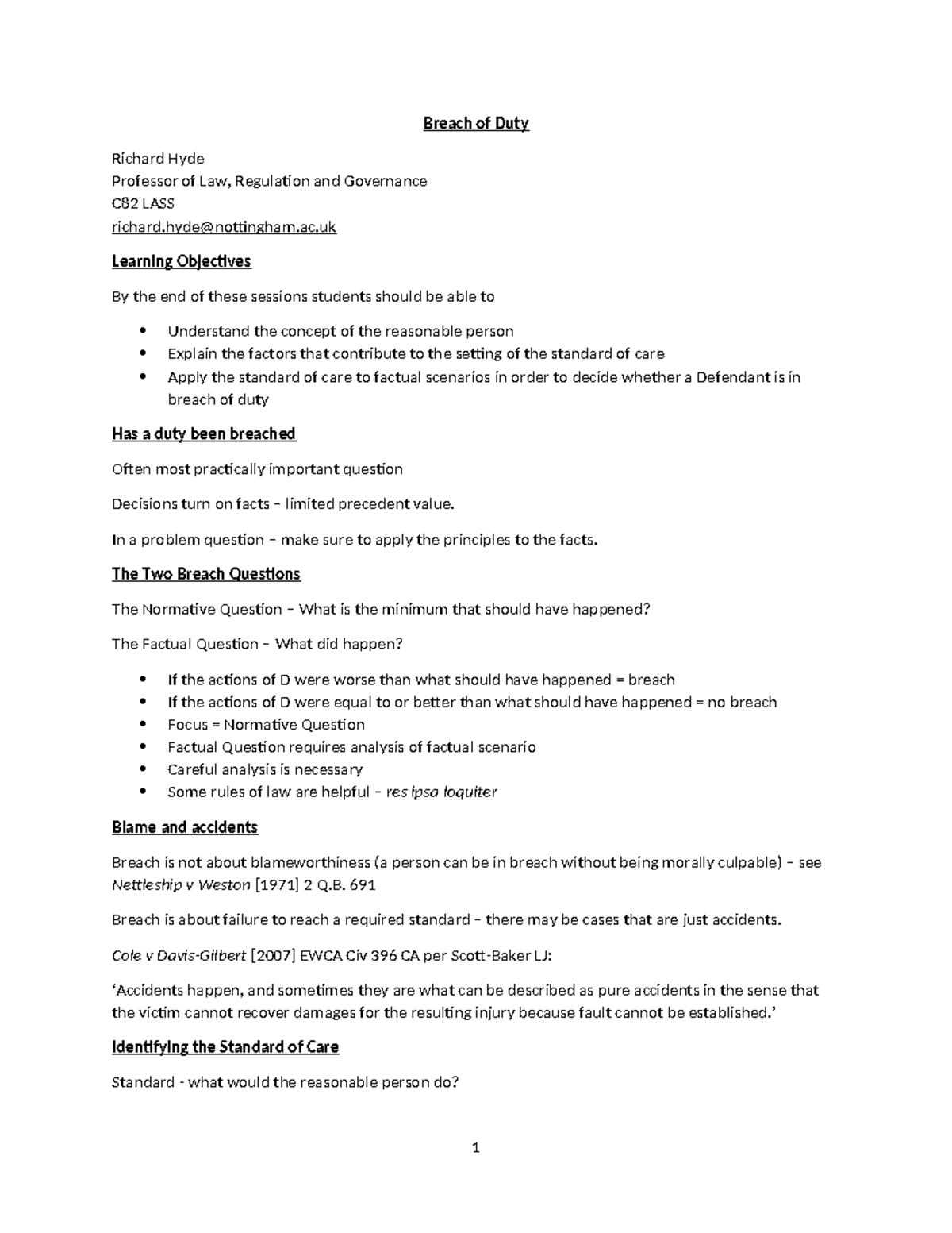 Breach of Duty Handout 2022-2023 - Breach of Duty Richard Hyde ...
