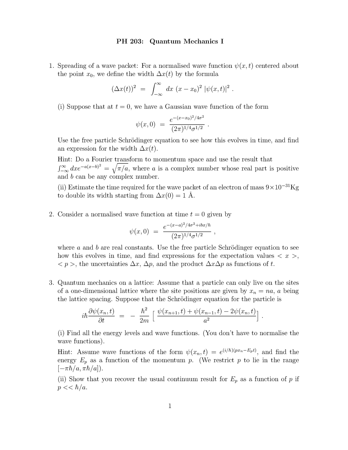 Quantum Mechanics I Problems Ph 3 Quantum Mechanics Spreading Of Wave Packet Studocu