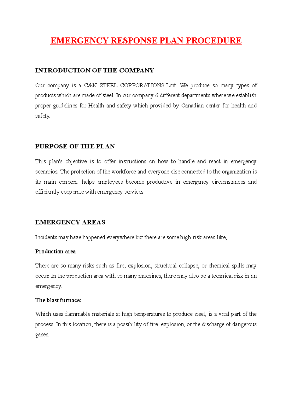 Emerngency Response PLAN EMERGENCY RESPONSE PLAN PROCEDURE