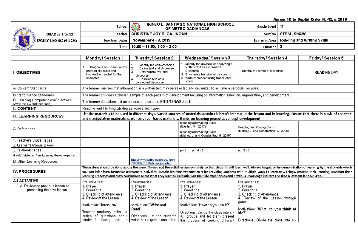 433551233 DLL Reading and Writing Skills Annex 1C to DepEd Order N