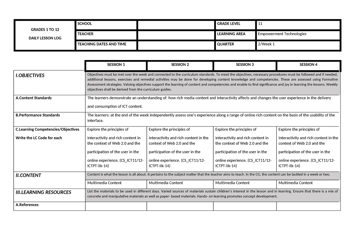 ET Q2 W1 - DLL - GRADES 1 TO 12 DAILY LESSON LOG SCHOOL GRADE LEVEL 11 ...