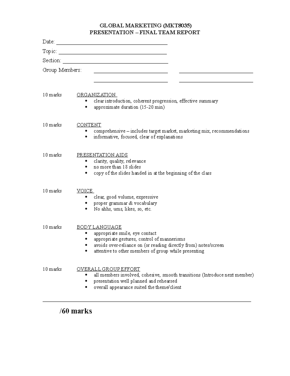 marketing plan presentation rubric