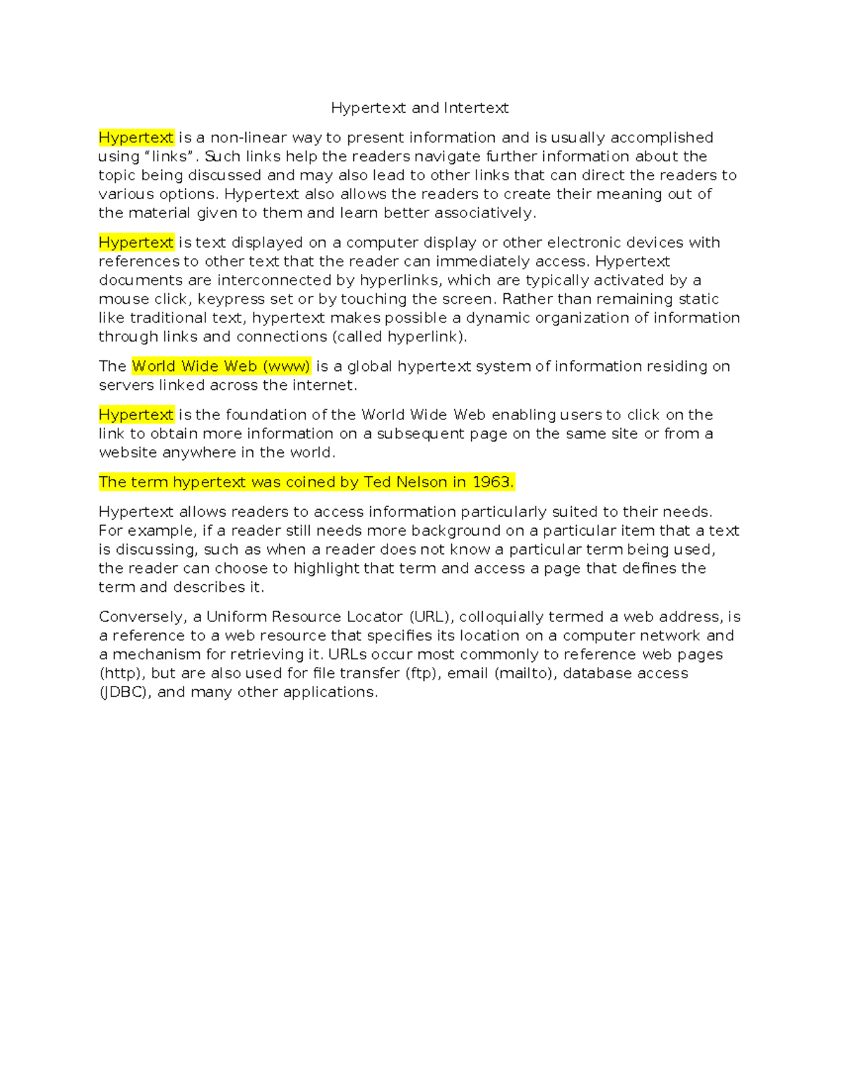 Reading AND Writing Handouts AND Activities WEEK 1 Hypertext and