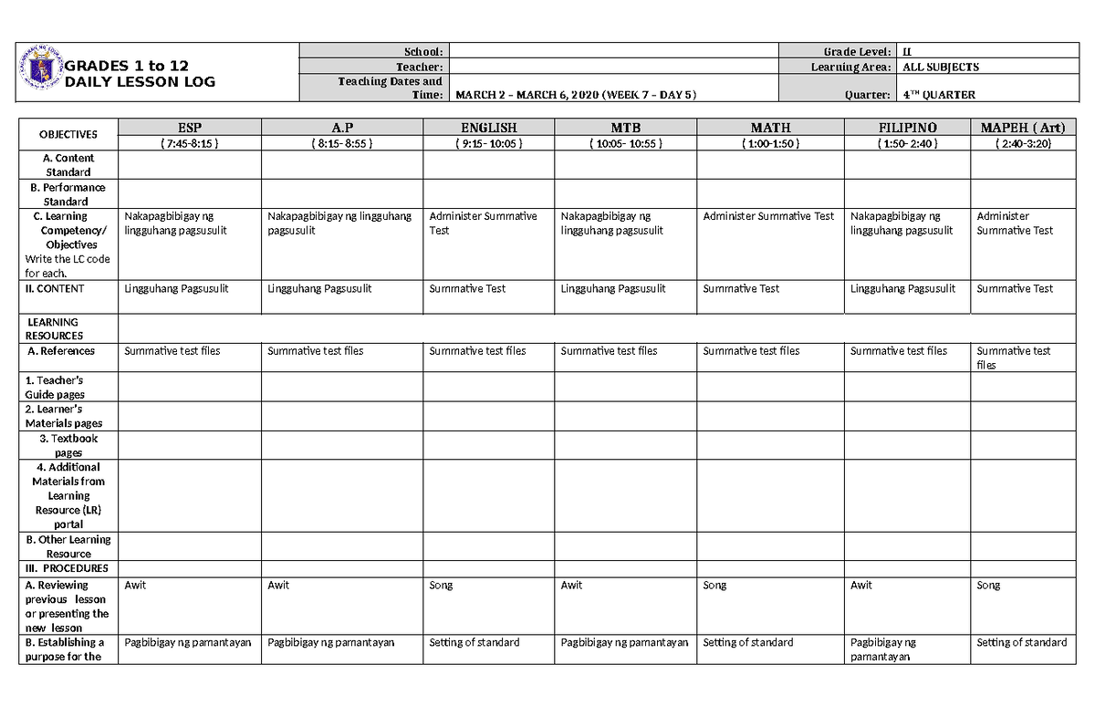 DLL ALL Subjects 2 Q4 W7 D5 - GRADES 1 to 12 DAILY LESSON LOG School ...