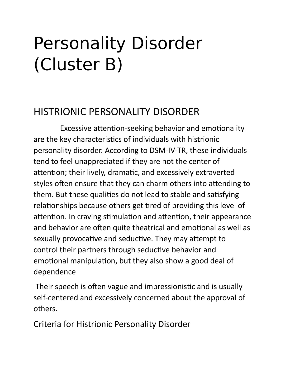 Personality Disorder (Cluster B) . Cluster B Types And Diagnostic ...