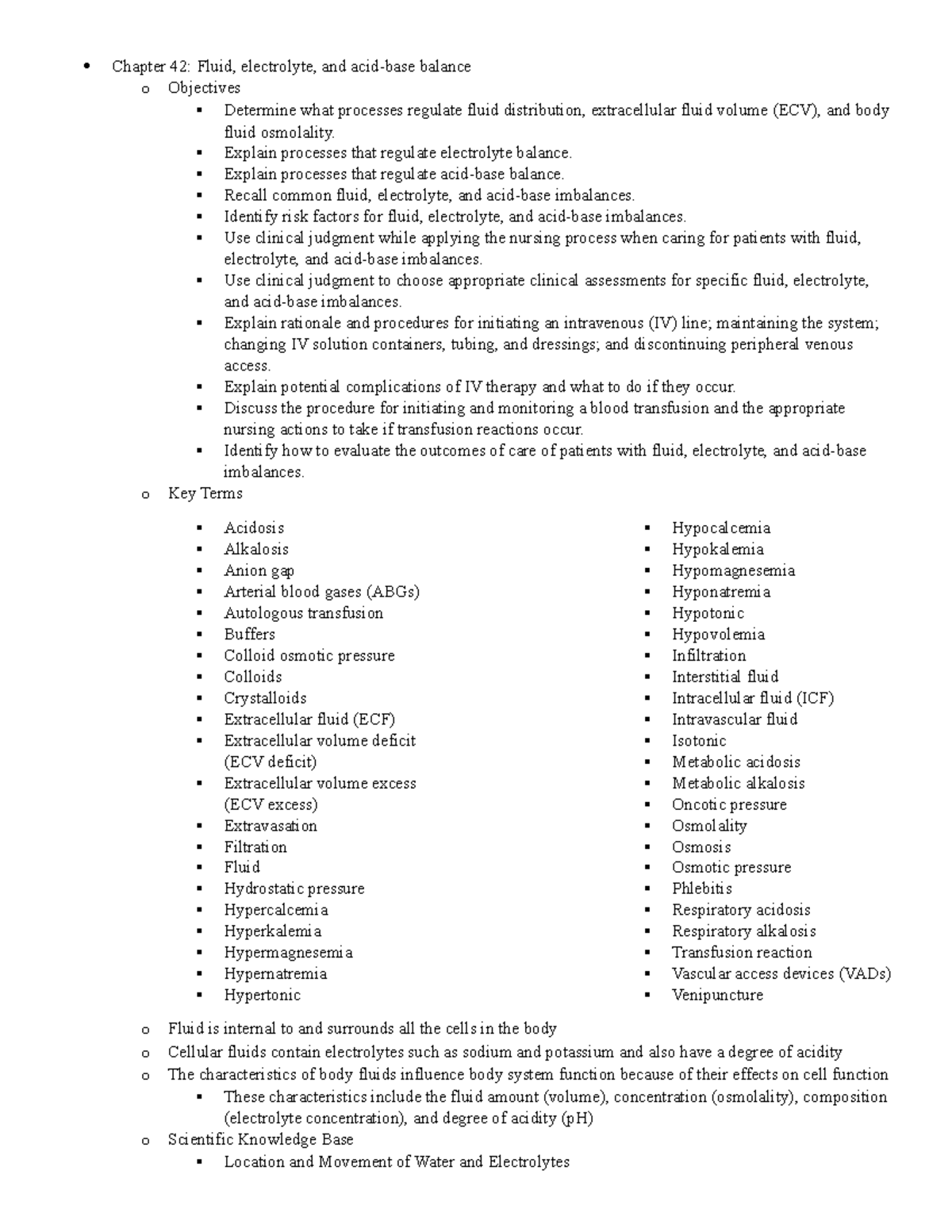 Chapter 42 Notes - Chapter 42: Fluid, electrolyte, and acid-base ...