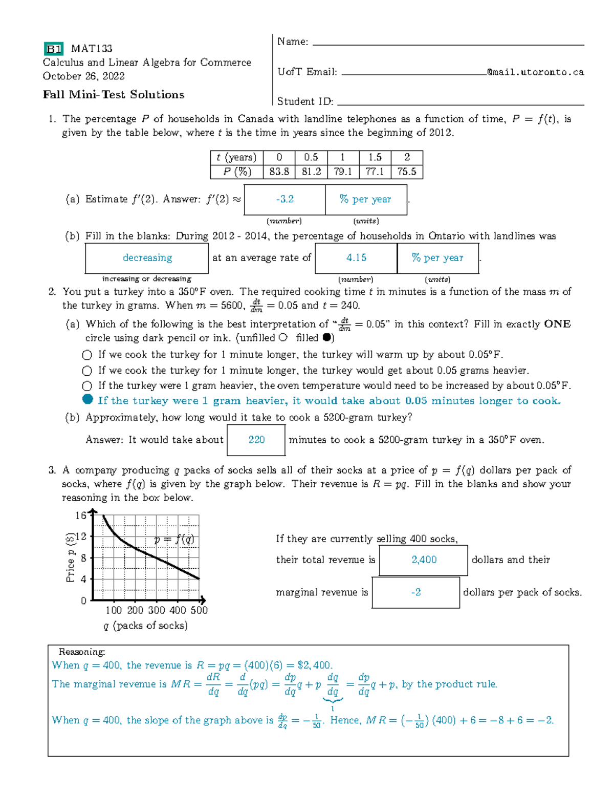 MAT133 fall mini test B1 (with solutions) - B1 MAT Calculus and Linear ...