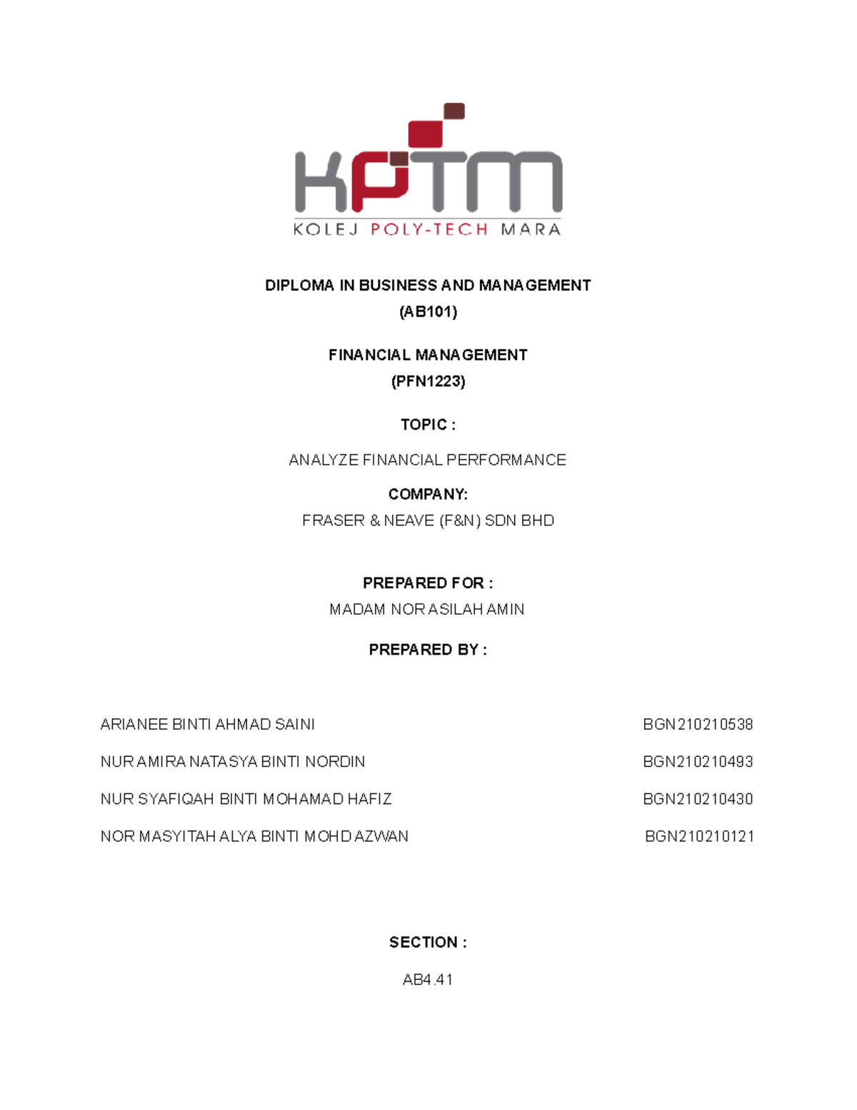 Group Assignment PFN1223 AB4 - DIPLOMA IN BUSINESS AND MANAGEMENT ...