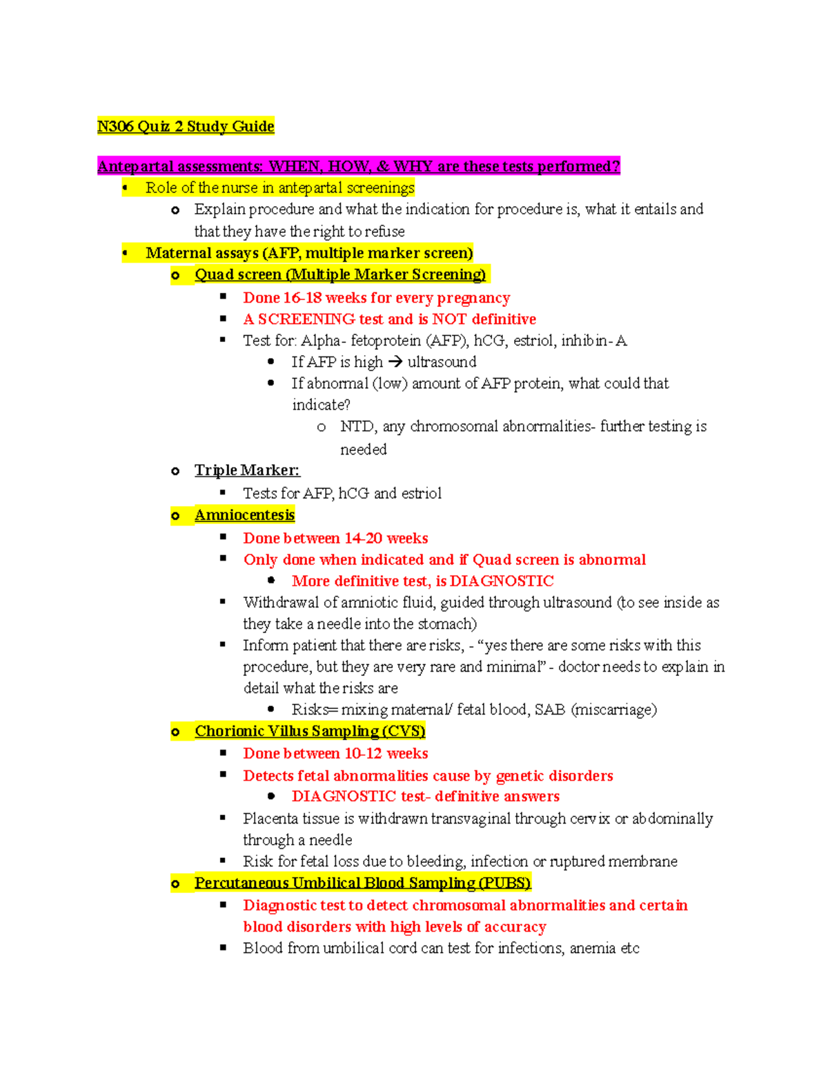 N306-Quiz 2 Study Guide - N306 Quiz 2 Study Guide Antepartal ...