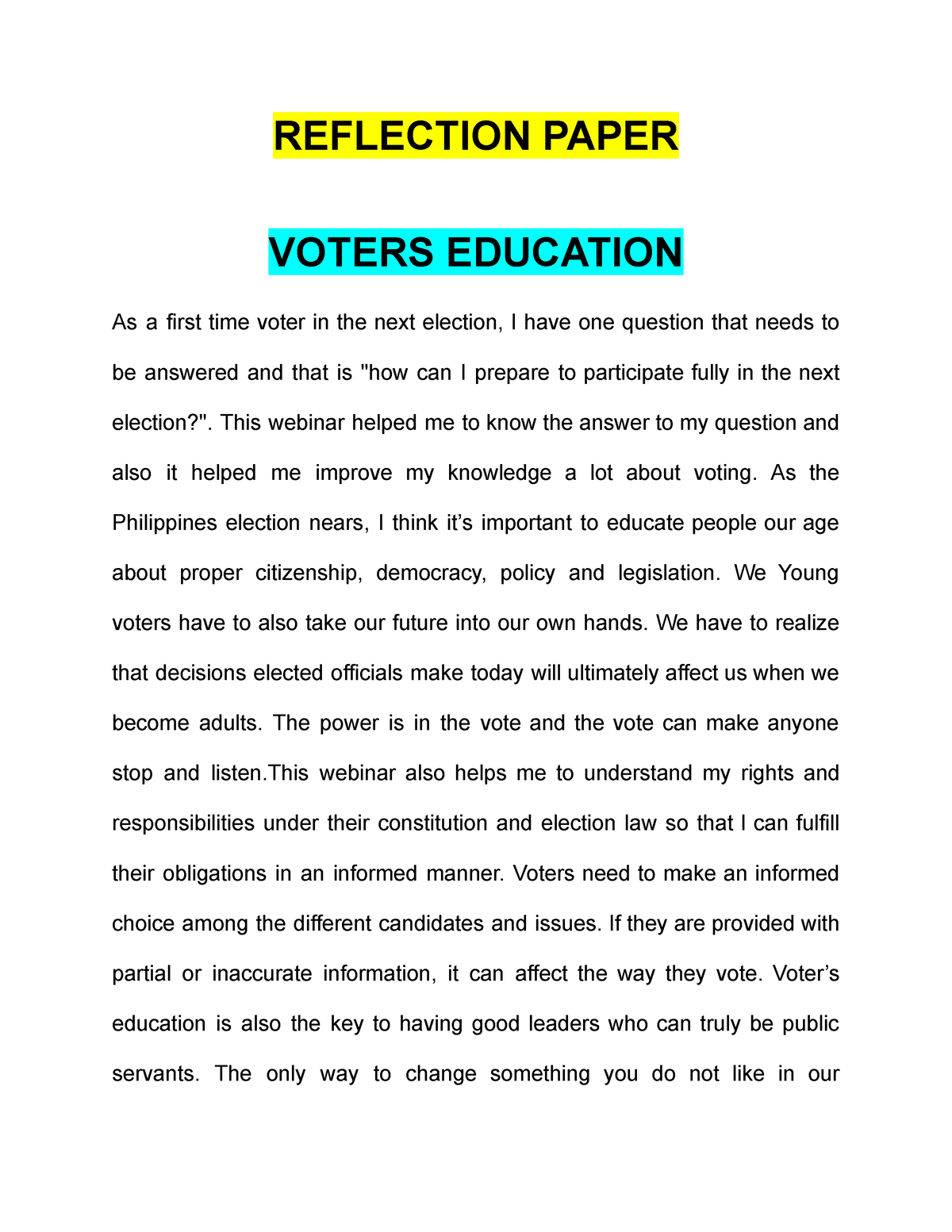 reflection paper about voters education