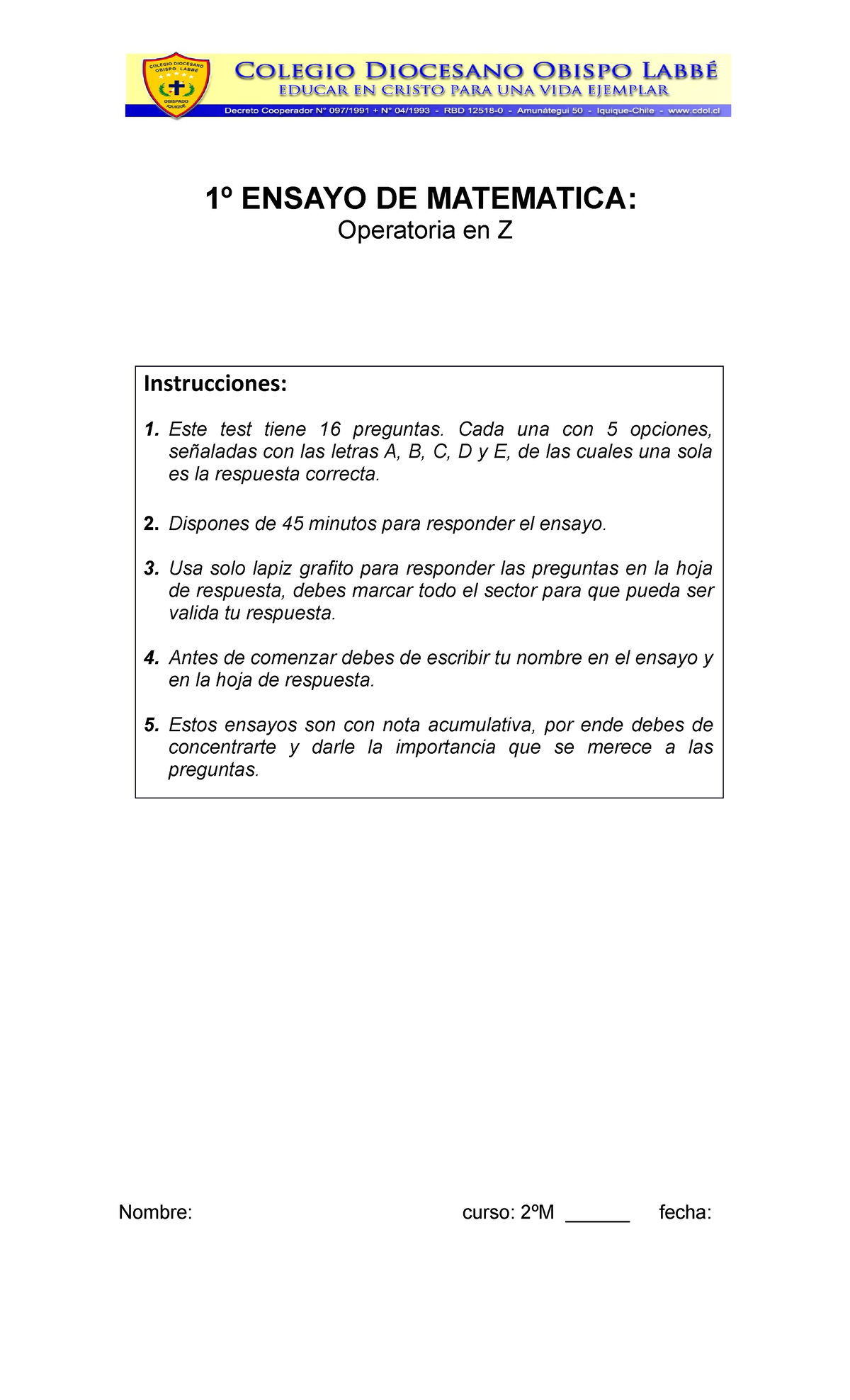 01- Ensayo Simce 16P - 1º ENSAYO DE MATEMATICA: Operatoria En Z ...