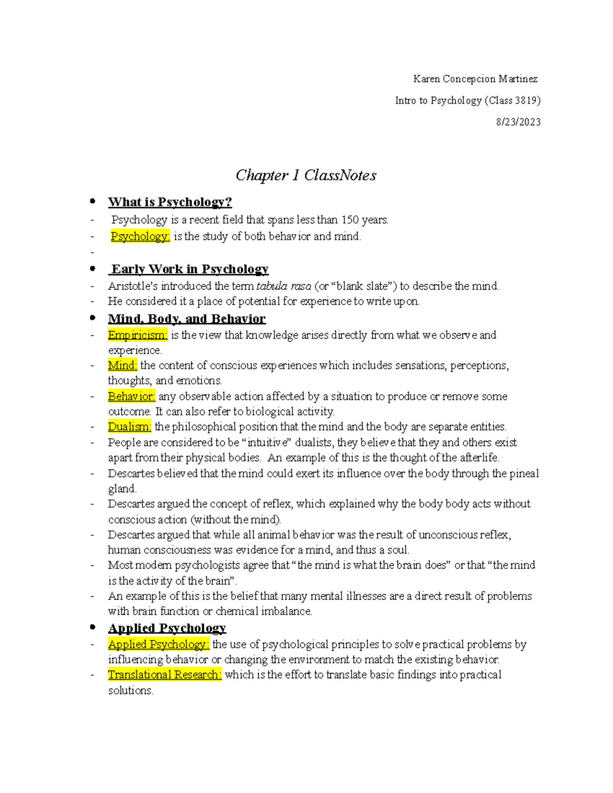 Psychology Chapter 1 - Karen Concepcion Martinez Intro to Psychology ...