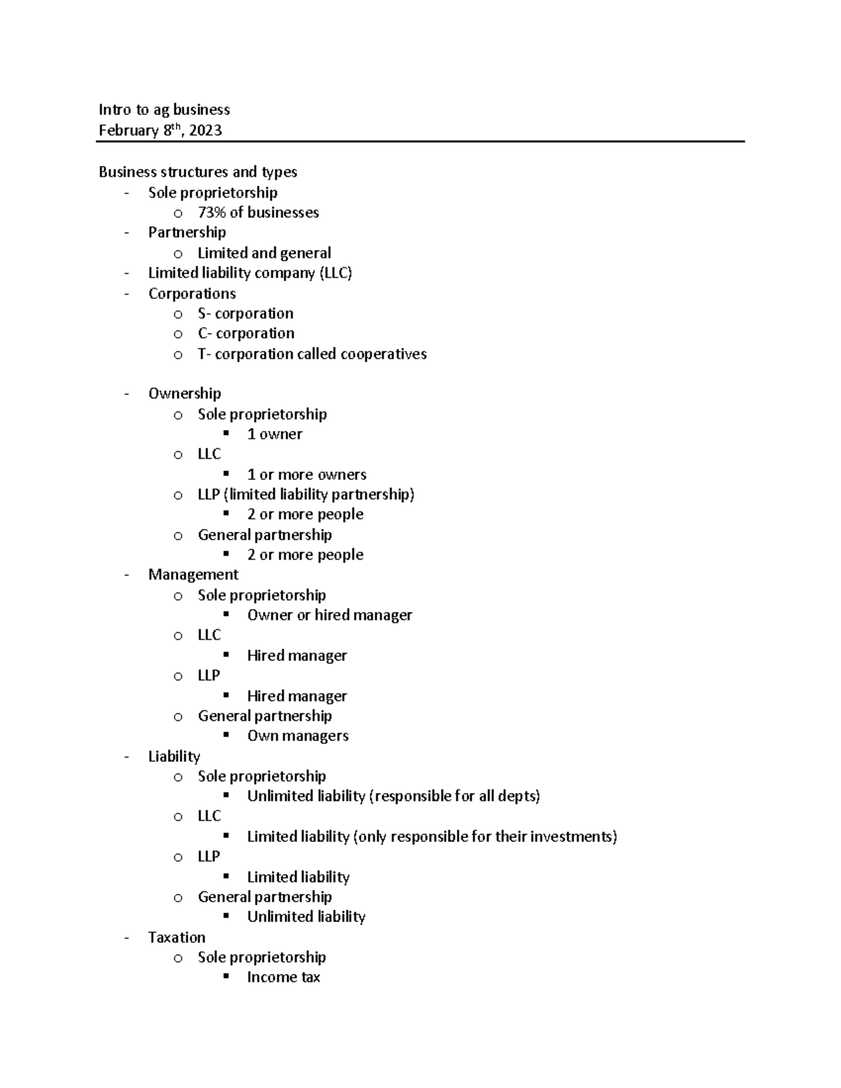 Ag business 282023 Week 3, chapter 2. Intro to ag business