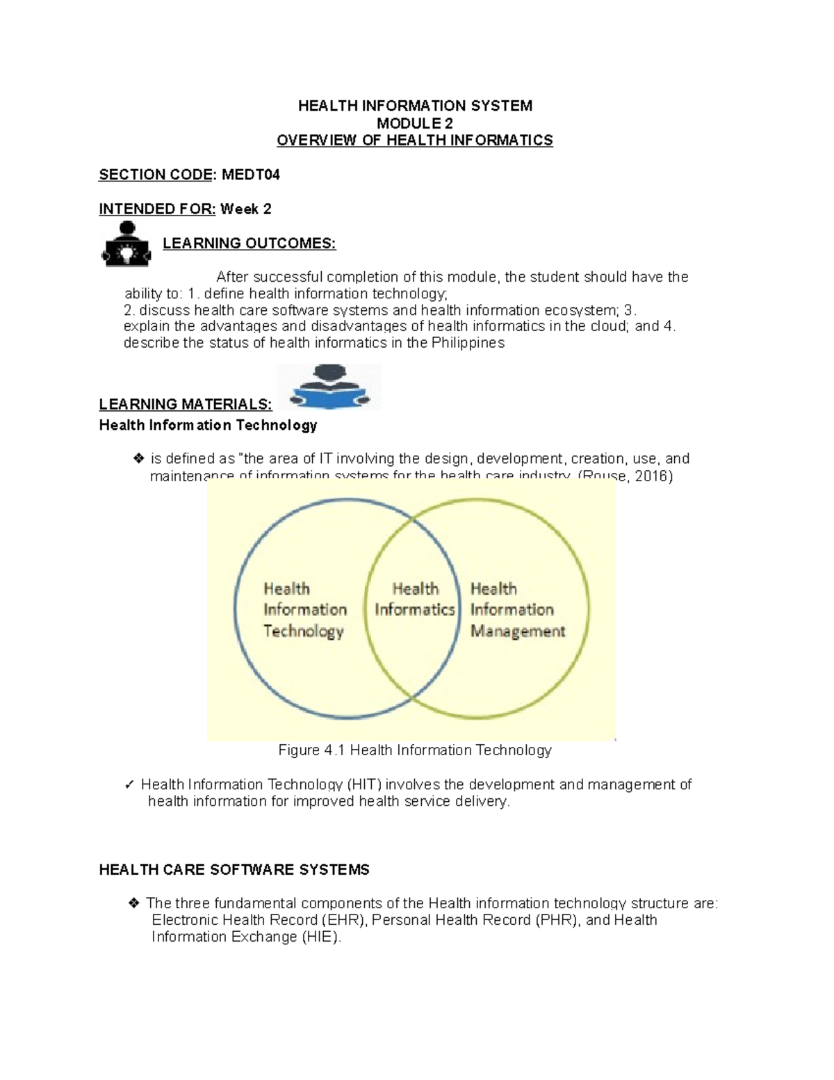 Overview OF Health Informatics - HEALTH INFORMATION SYSTEM MODULE 2 ...