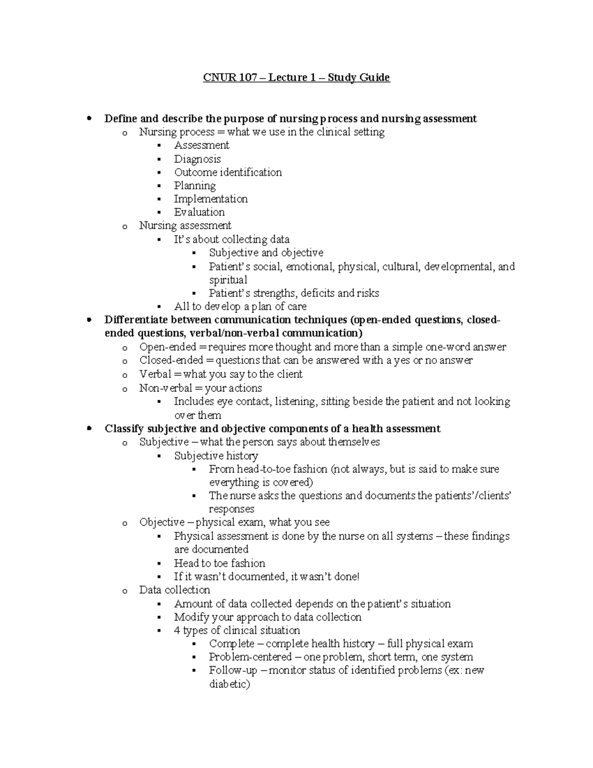 Unit 1 Study Guide - Assesements and Techniques - CNUR 107 – Lecture 1 ...