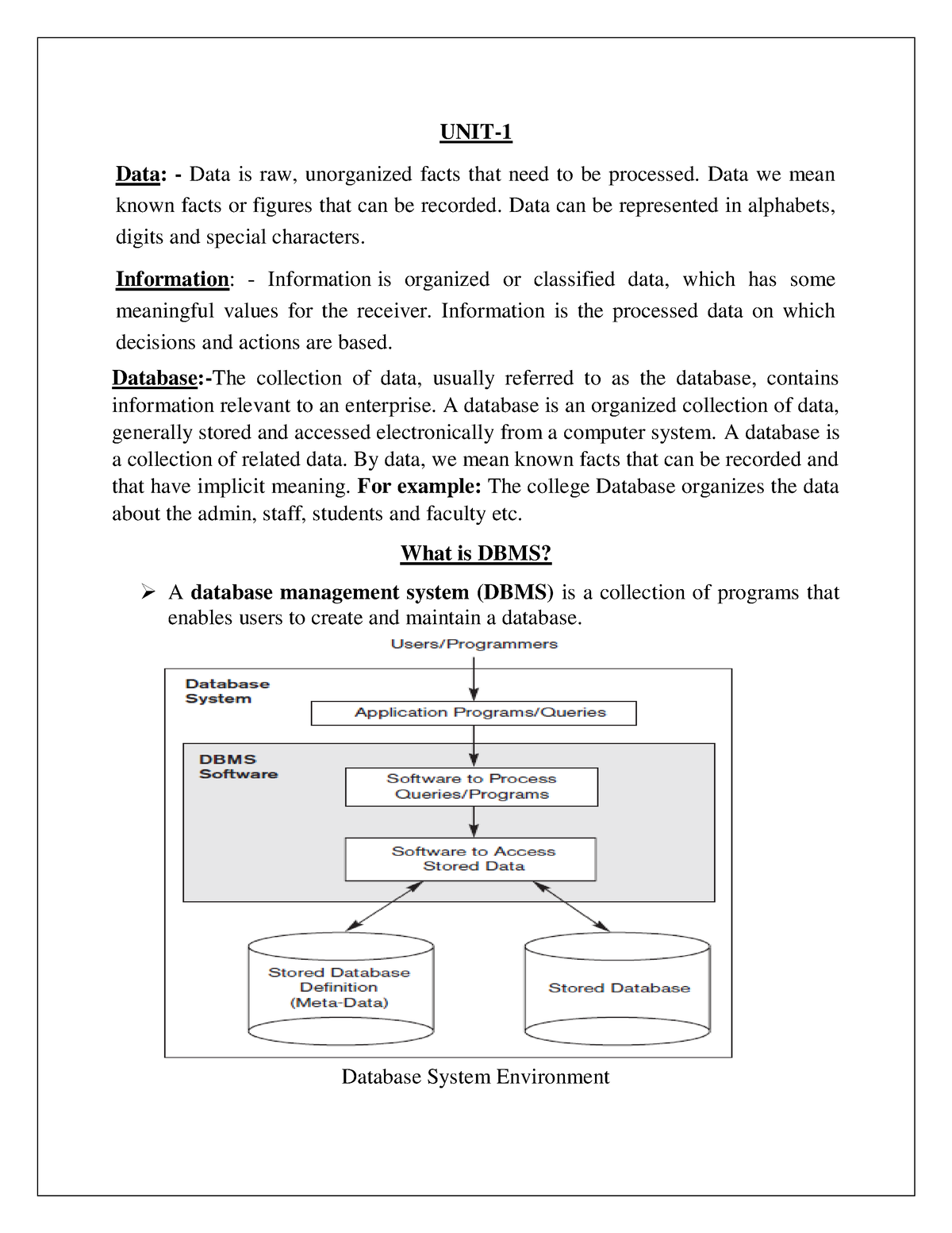 UNIT 1 - DBMS - Unit 1 Notes - UNIT- Data: - Data Is Raw, Unorganized ...