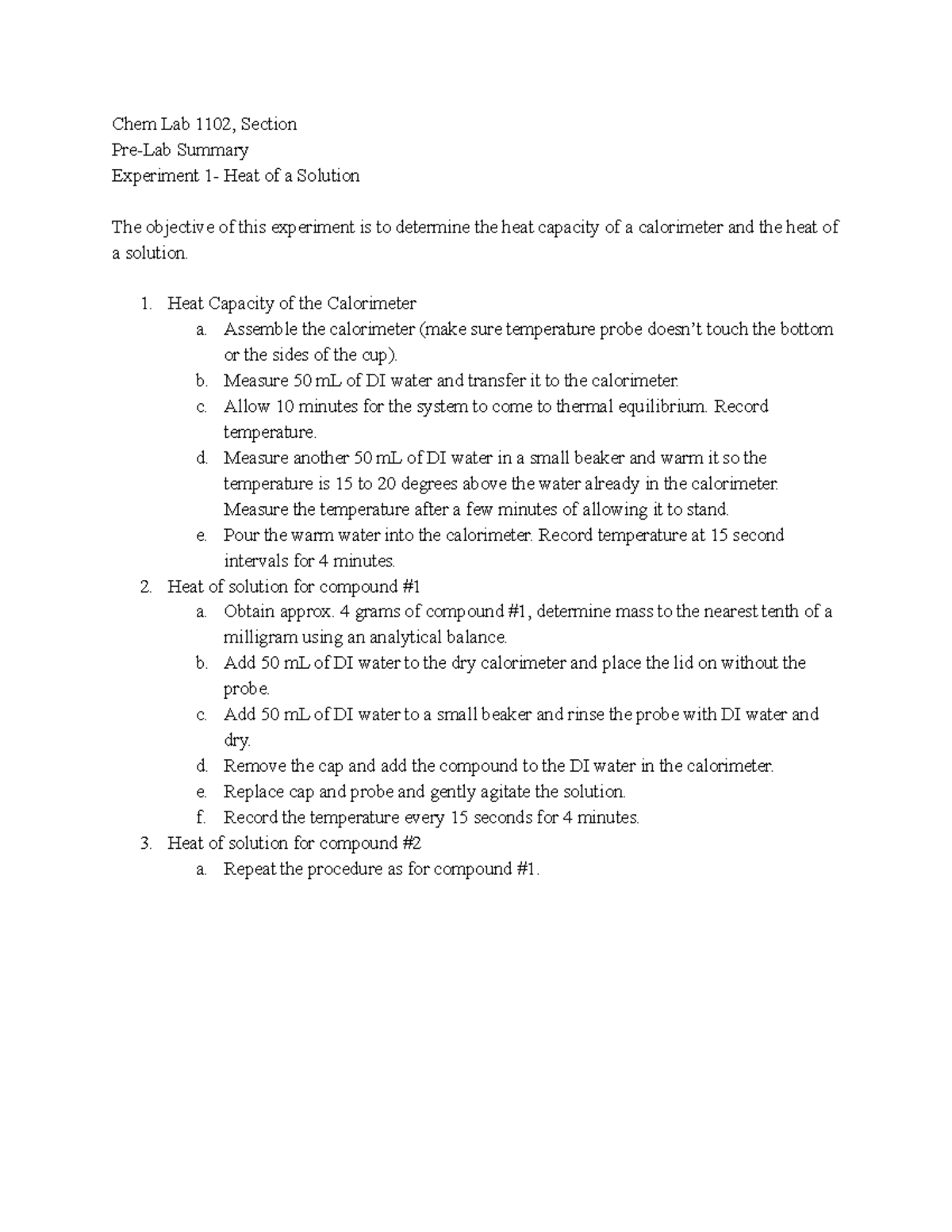 pre lab chemistry matriculation experiment 1