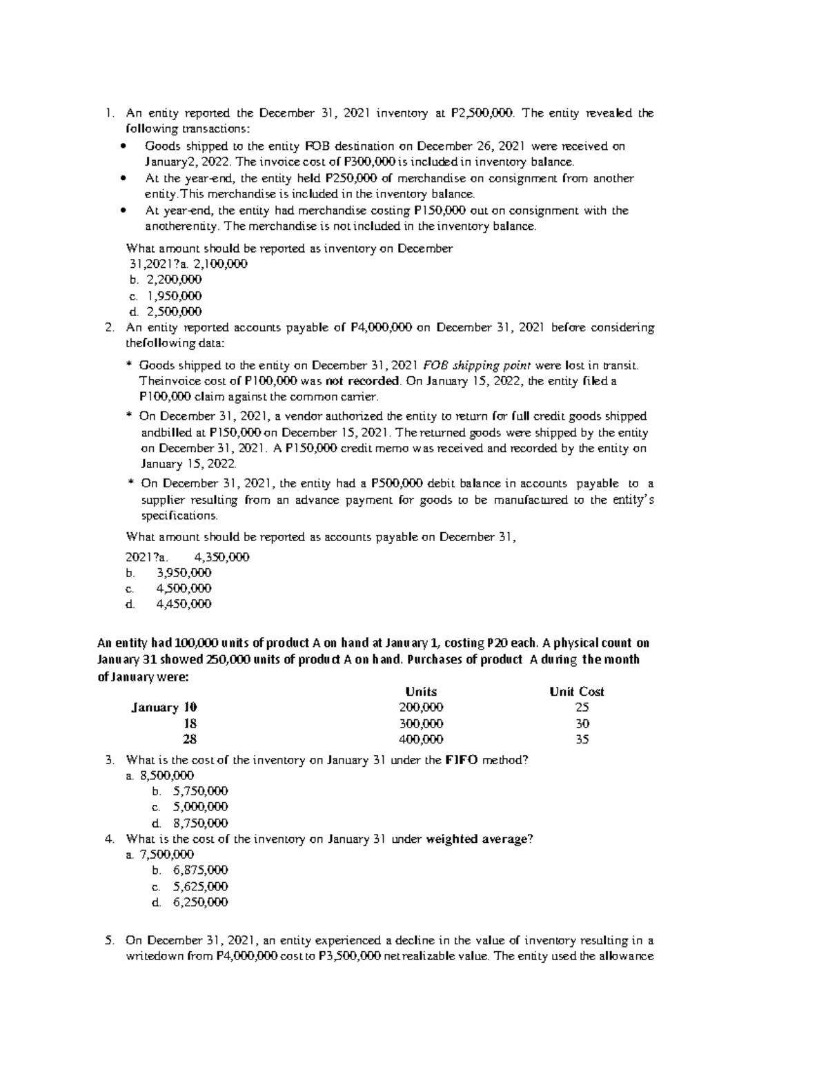 Inventory Practice Problems - An entity reported the December 31, 2021 ...