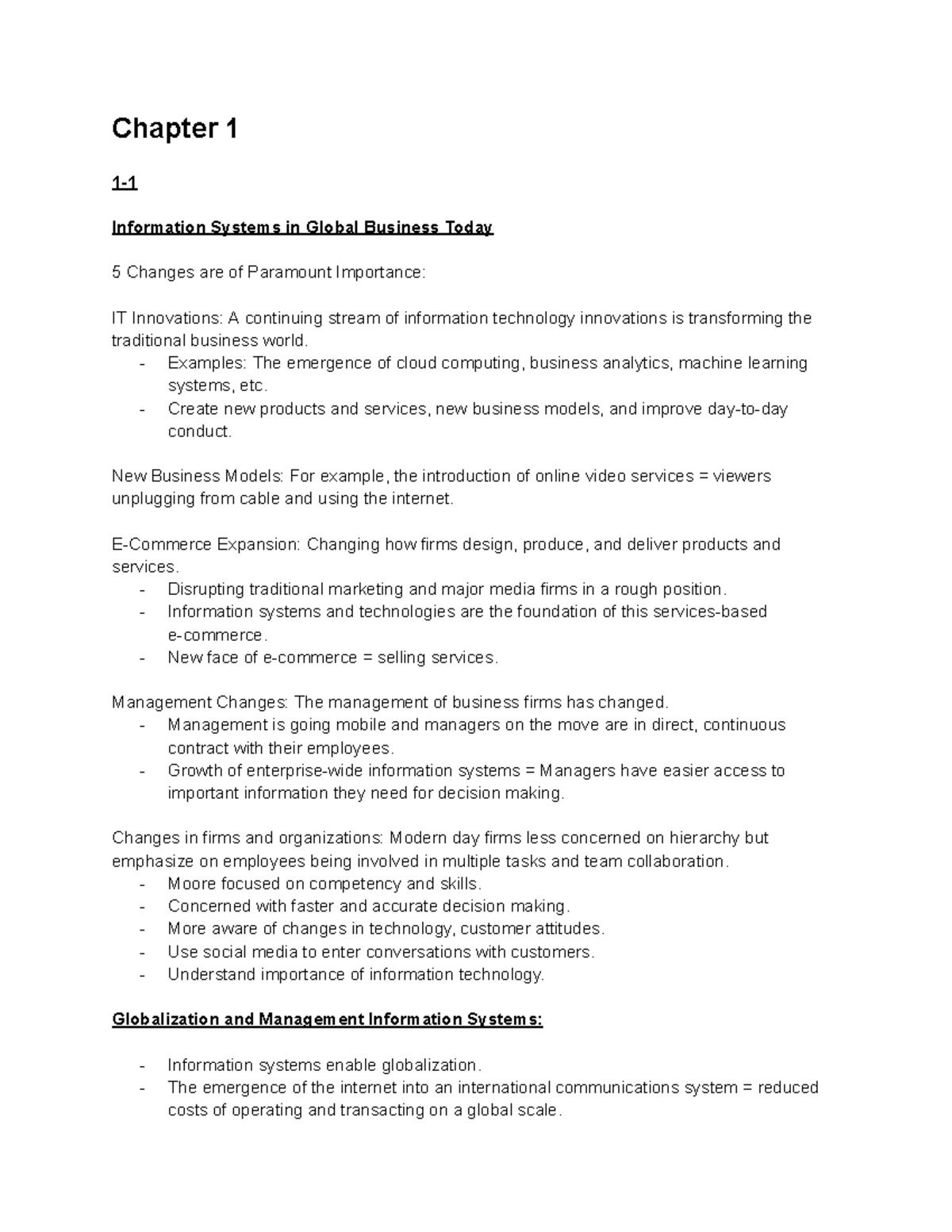 ITM 100 Mid-Term Notes - Chapter 1 1- Information Systems in Global ...