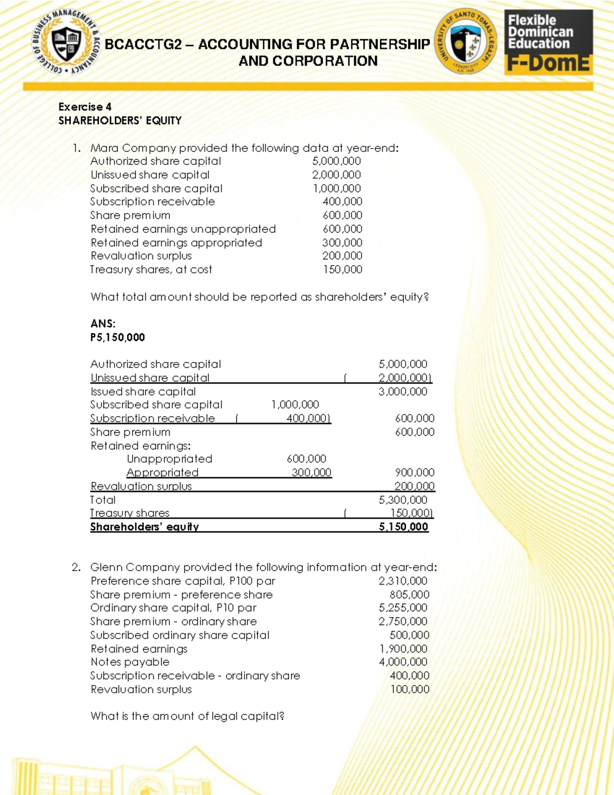 Exercise 4 Shareholders Equity Answers AND CORPORATION Exercise 4 