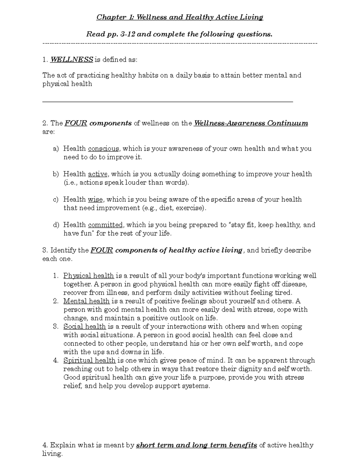 Wellness and Active Living Complete Worksheet Chapter 1 Wellness and Healthy Active Living