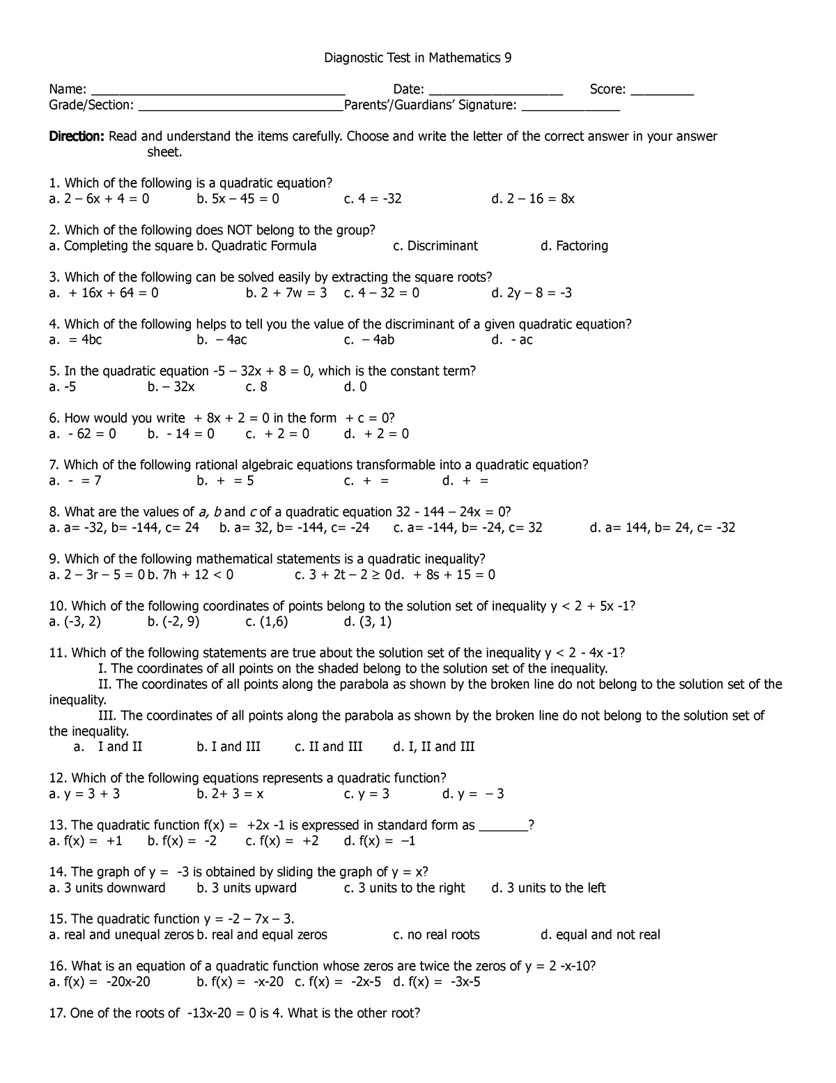 498163841 Diagnostic Test in Mathematics 9 - Diagnostic Test in ...