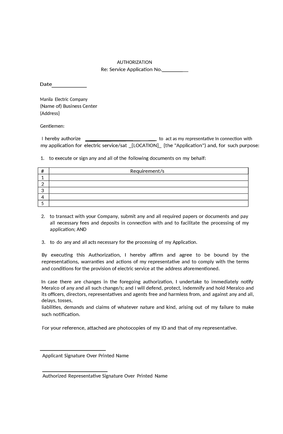 Meralco Application Form Authorization Re Service Application No Date Manila Electric 0928