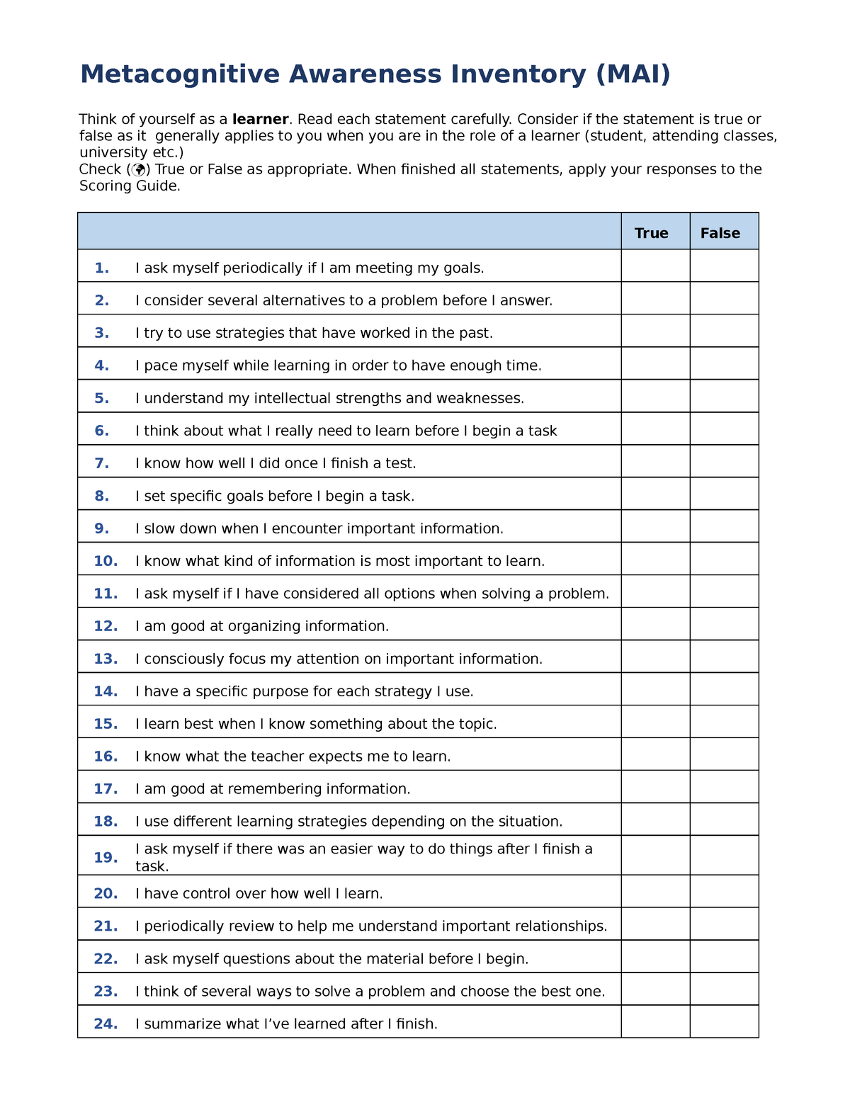 metacognitive awareness inventory essay