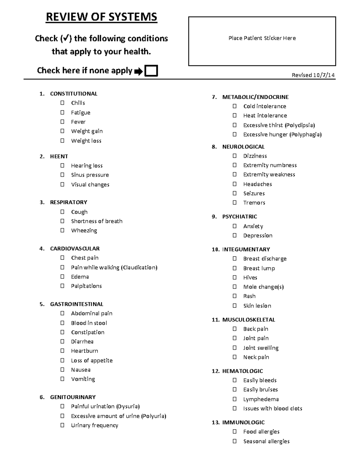 Review of systems - Revised 10/7/ Place Patient Sticker Here REVIEW OF ...