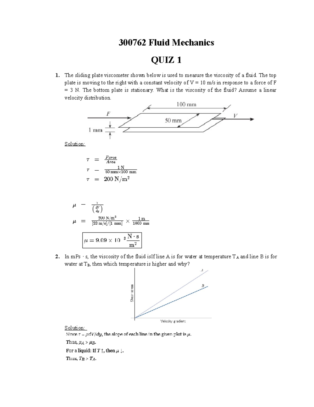 Practice Quiz 1 fluid mechanics for tuts 13 300762 Fluid Mechanics
