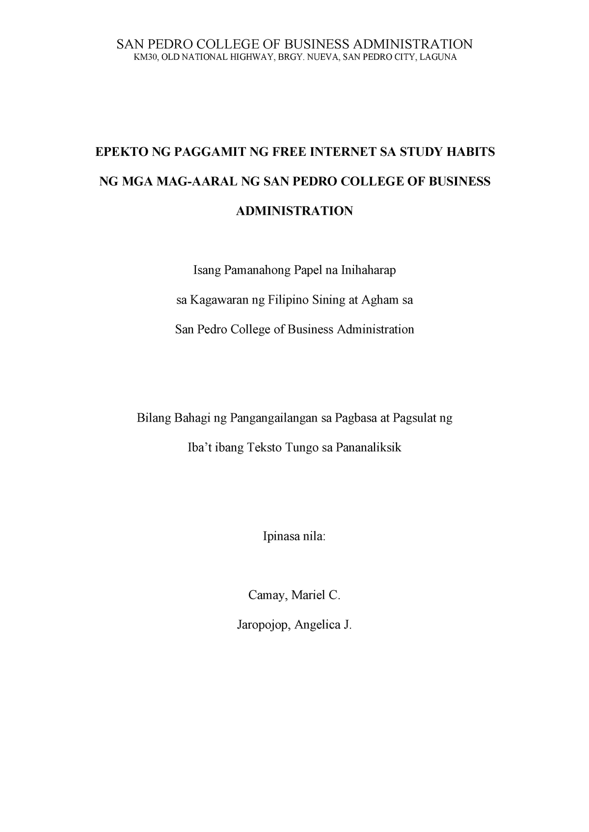 FIL002 Thesis  FILIPINO SA PANITIKAN  EPEKTO NG PAGGAMIT NG FREE