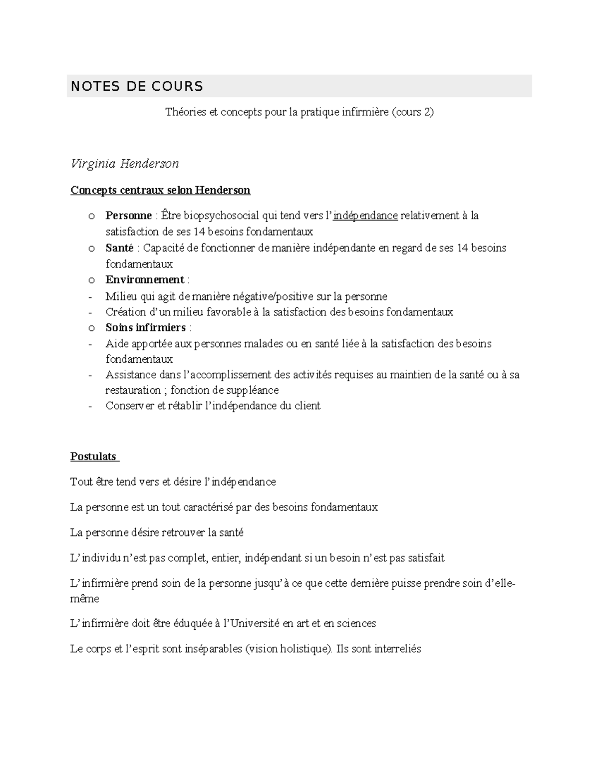 Notes de cours (Henderson et Roy) - NOTES DE COURS Théories et concepts ...