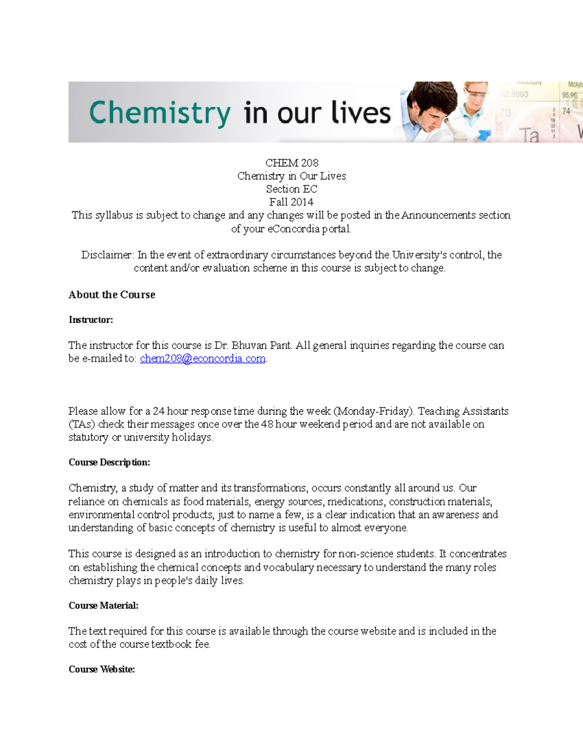 CHEM 208 outline CHEM 208 Chemistry in Our Lives Section EC Fall 2014