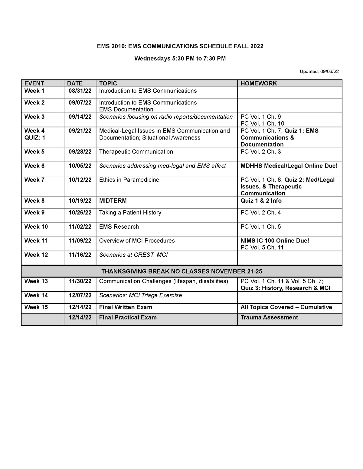 EMS2010 W Sched Fall 2022 EMS 2010 EMS COMMUNICATIONS SCHEDULE FALL