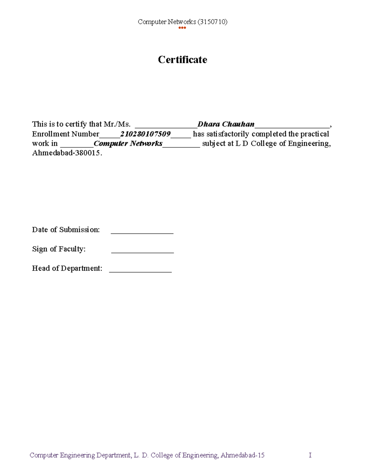 Lab Manual Cn - Certificate This Is To Certify That Mr. Ms. Dhara 