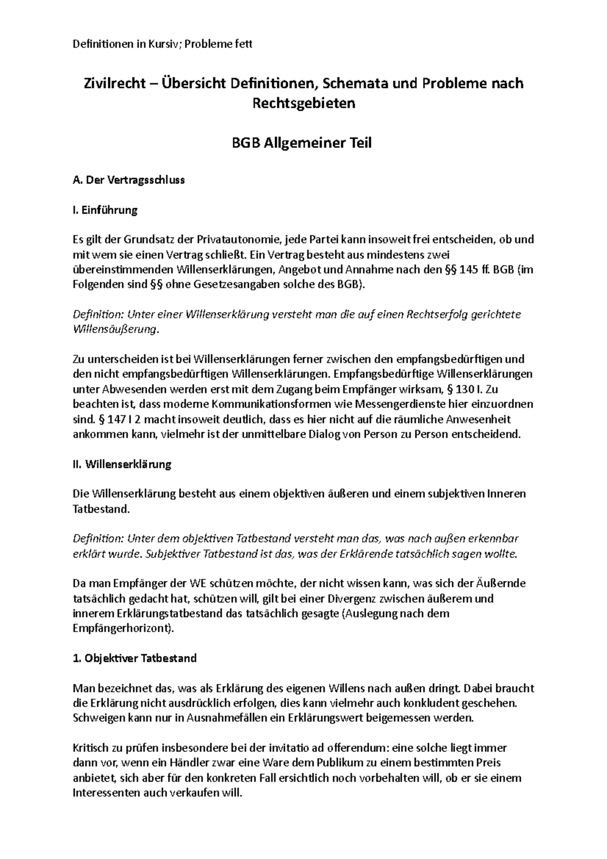 Zivilrecht BGB AT Zusammenfassung - Zivilrecht – Übersicht Definitionen ...