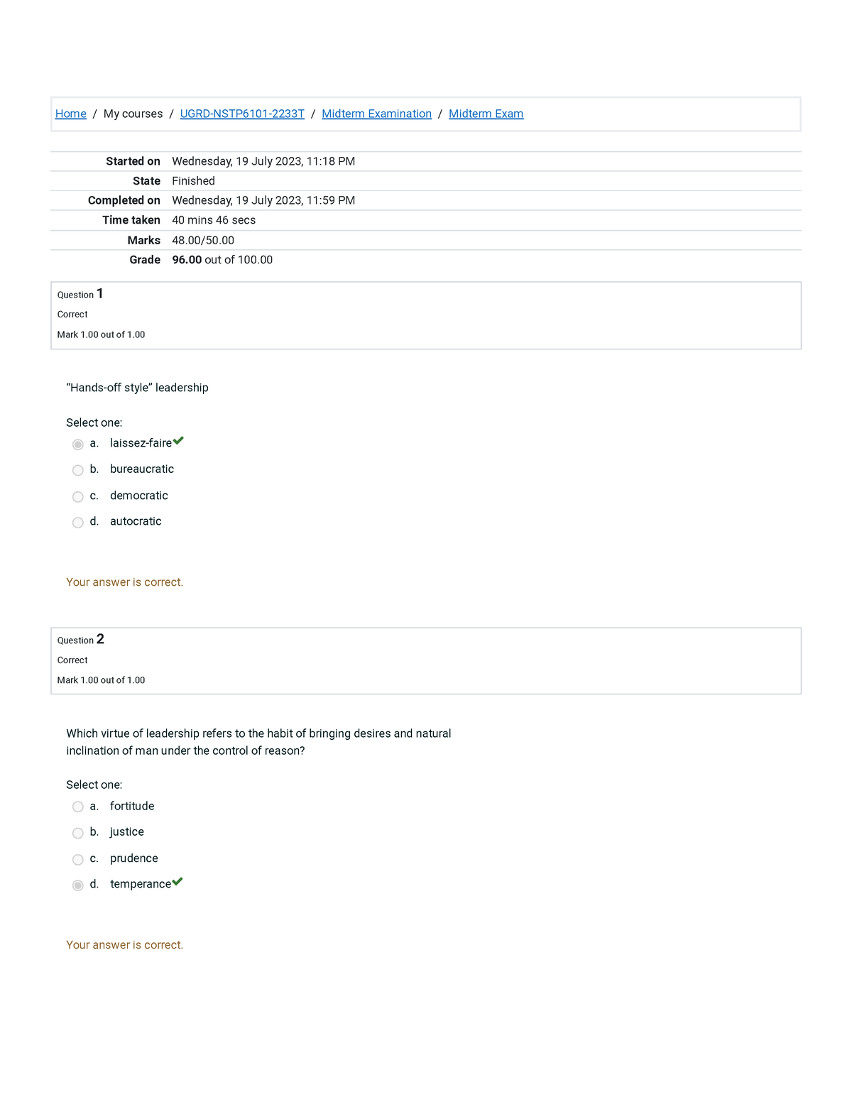 NSTP6101 Final Exam Attempt review - Home / My courses / UGRD