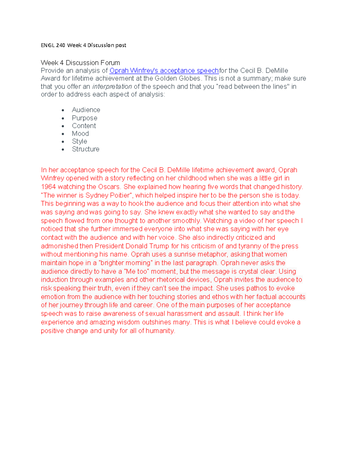ENGL 240 Week 4 Initial discussion post - ENGL 240 Week 4 Discussion ...