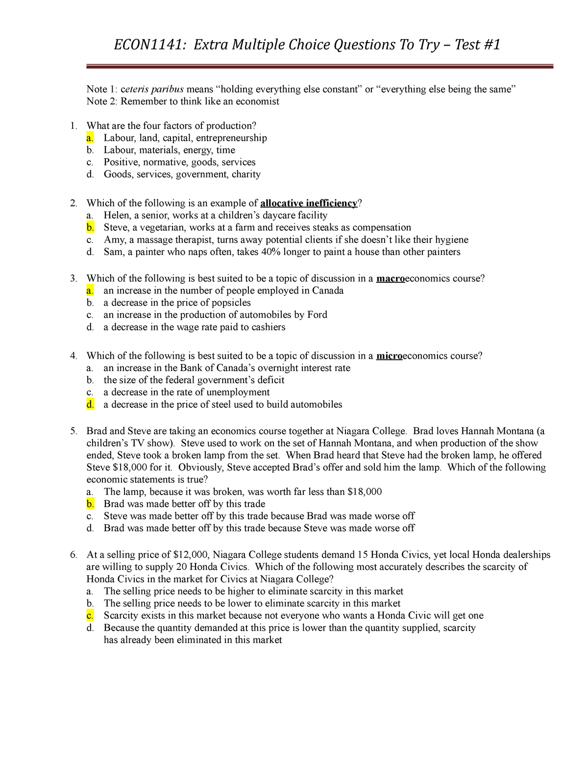 Test 1 - Extra Sample Multiple Choice Questions for ECON 1141 - post ...