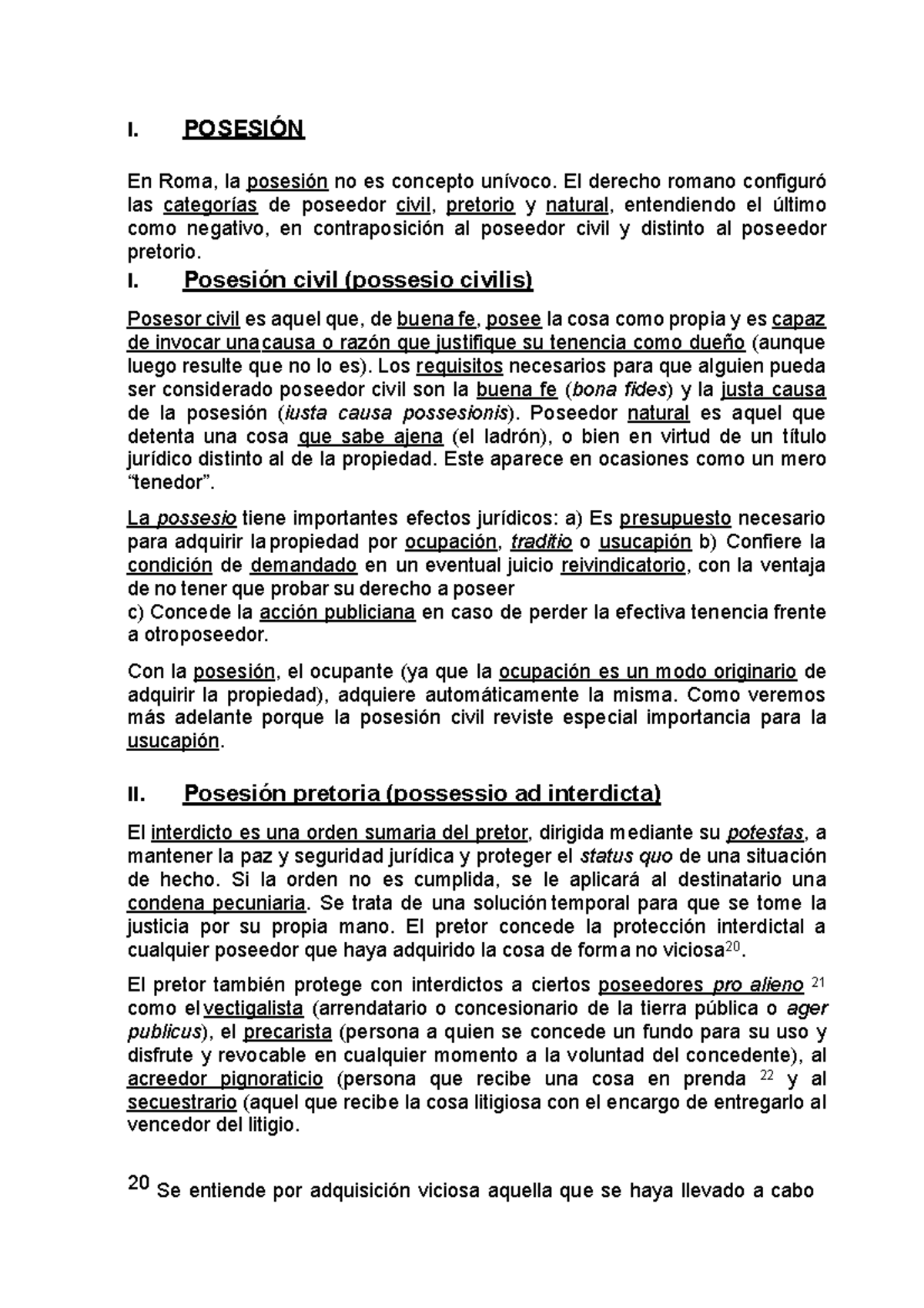 La posesión - Derecho romano - I. POSESIÓN En Roma, la posesión no es ...