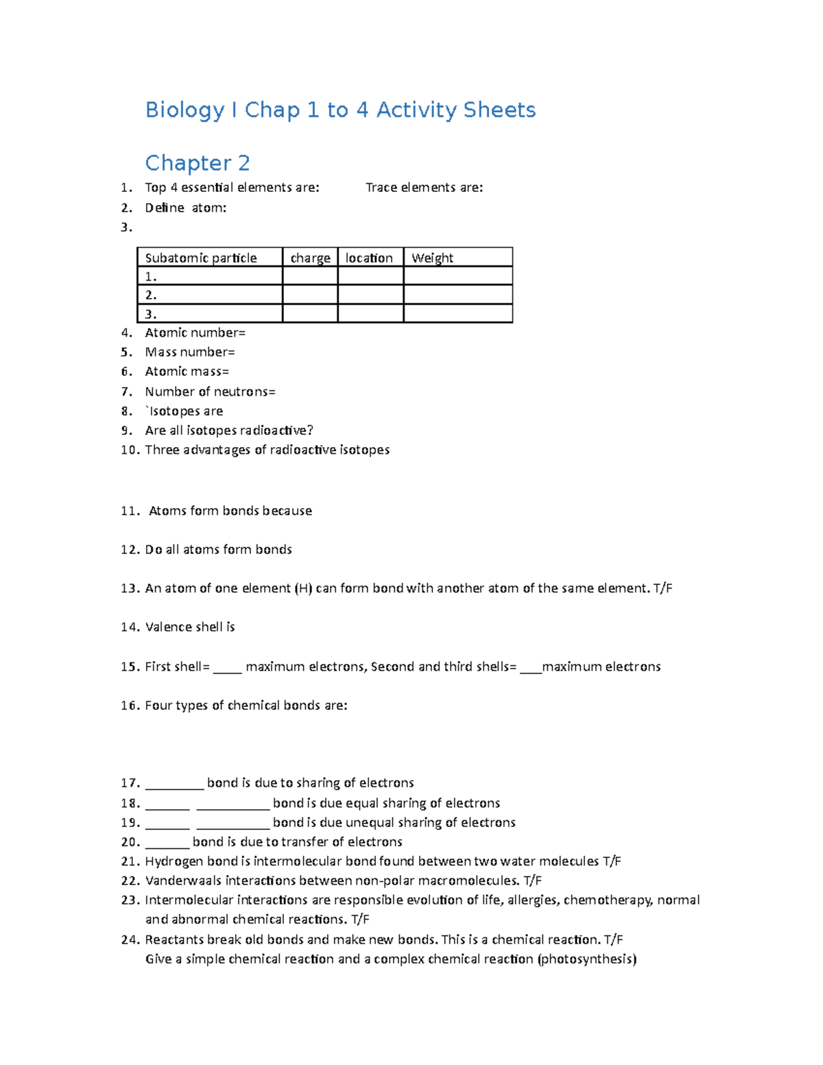 Biology I Chap 1 To 4 Activity Sheets - Biology I Chap 1 To 4 Activity ...